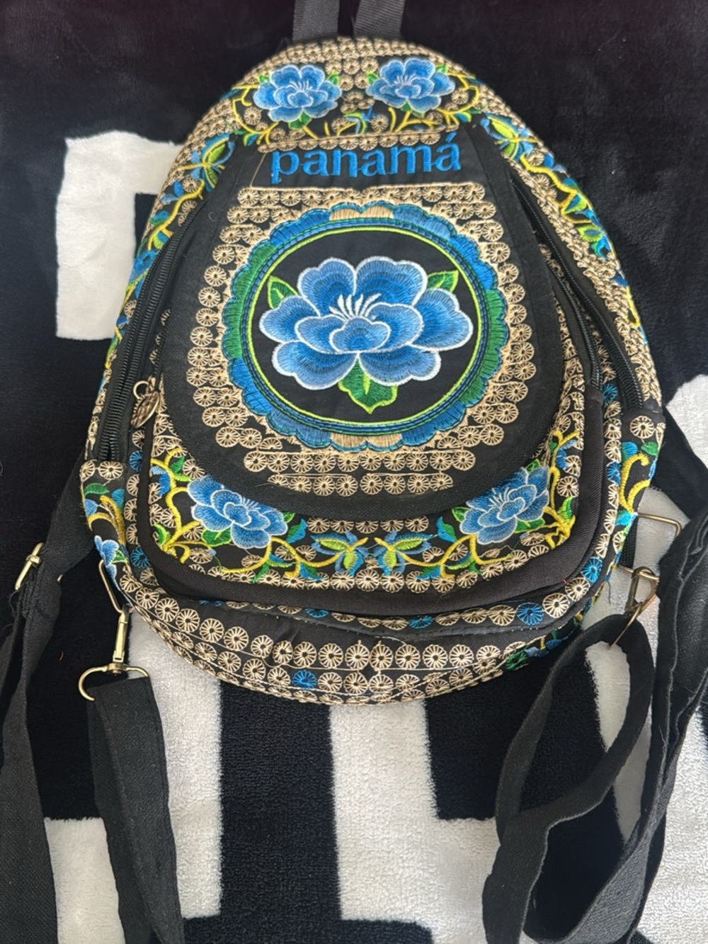 Panama Black Backpack with Blue & Green Floral Embroidery